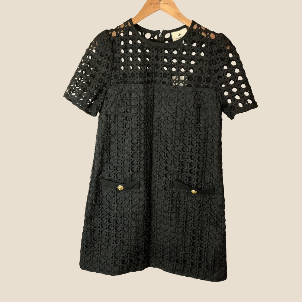 Tuckernuck Black Eyelet Lace Shift Dress Gold Button Pocket Short Sleeve Small - Picture 2 of 9